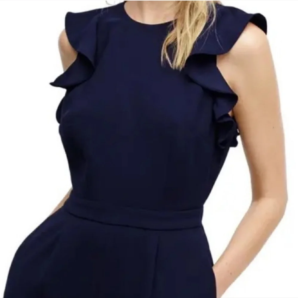J. Crew Navy Ruffle-Sleeve Jumpsuit